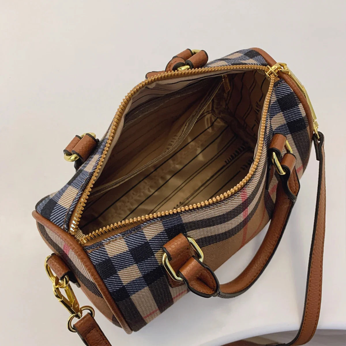 Large Capacity Plaid Shoulder Tote Bag PU Crossbody Bag with Adjustable Strap