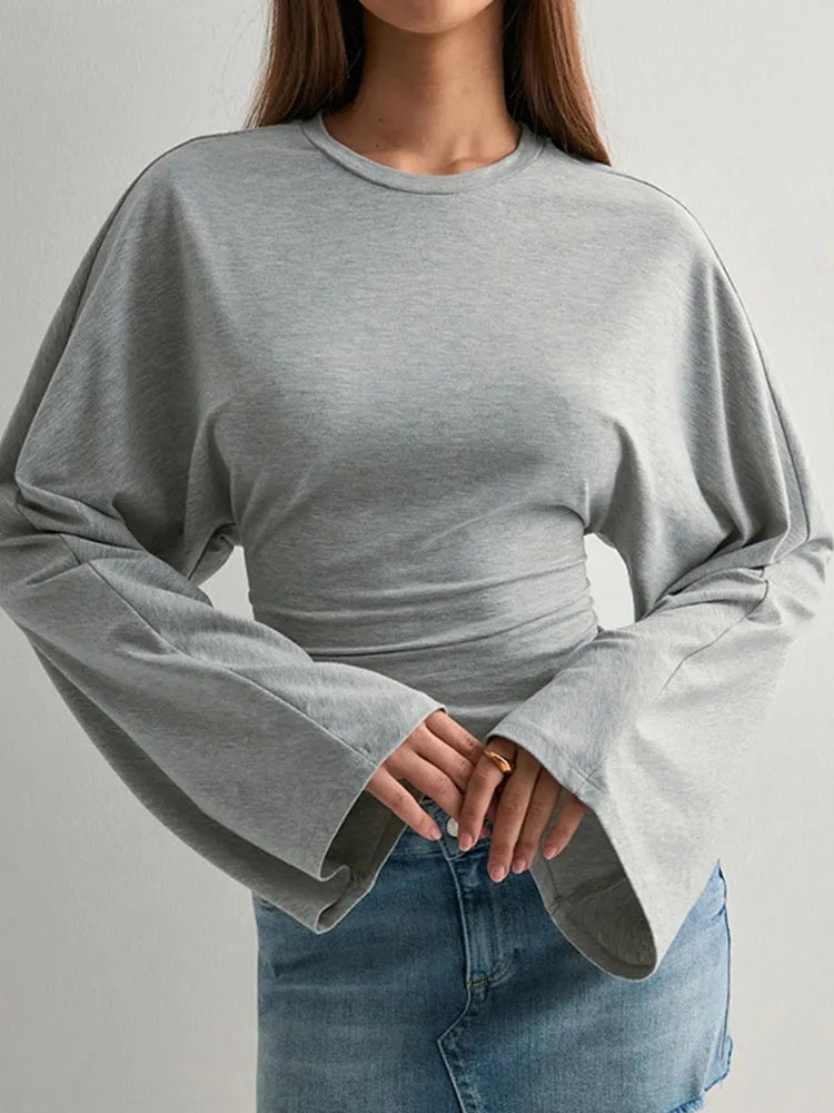 Women Long Sleeve Crop Top O Neck Skinny Y2K Streetwear T Shirt