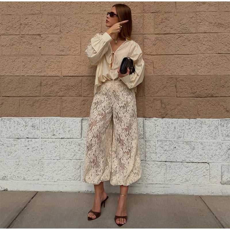 Bohemian Lace High Waist Wide Leg Pants for Women Loose Fit Lounge Trousers