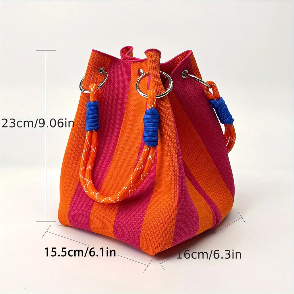 Multicolor Knit Bucket Bag Retro Color Block Handbag