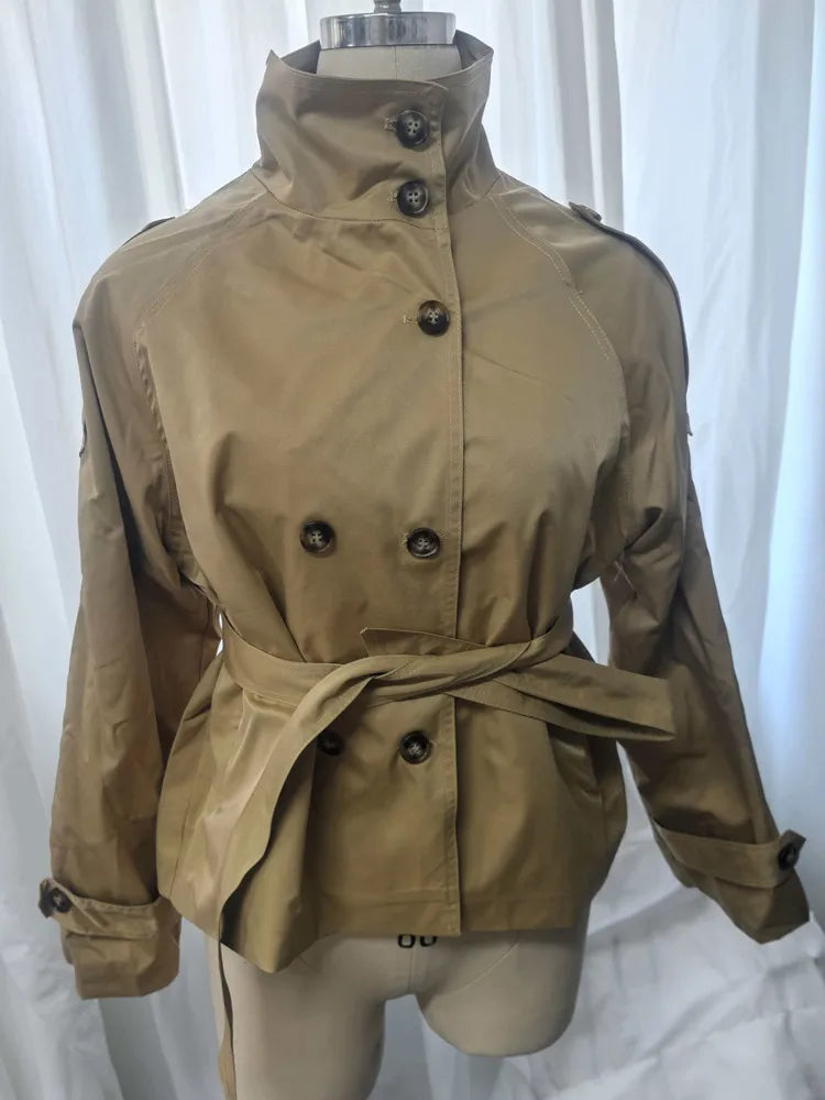 Women Cropped Trench Coat Belted Double Breasted Stand Collar Jacket Vintage Chic Outerwear