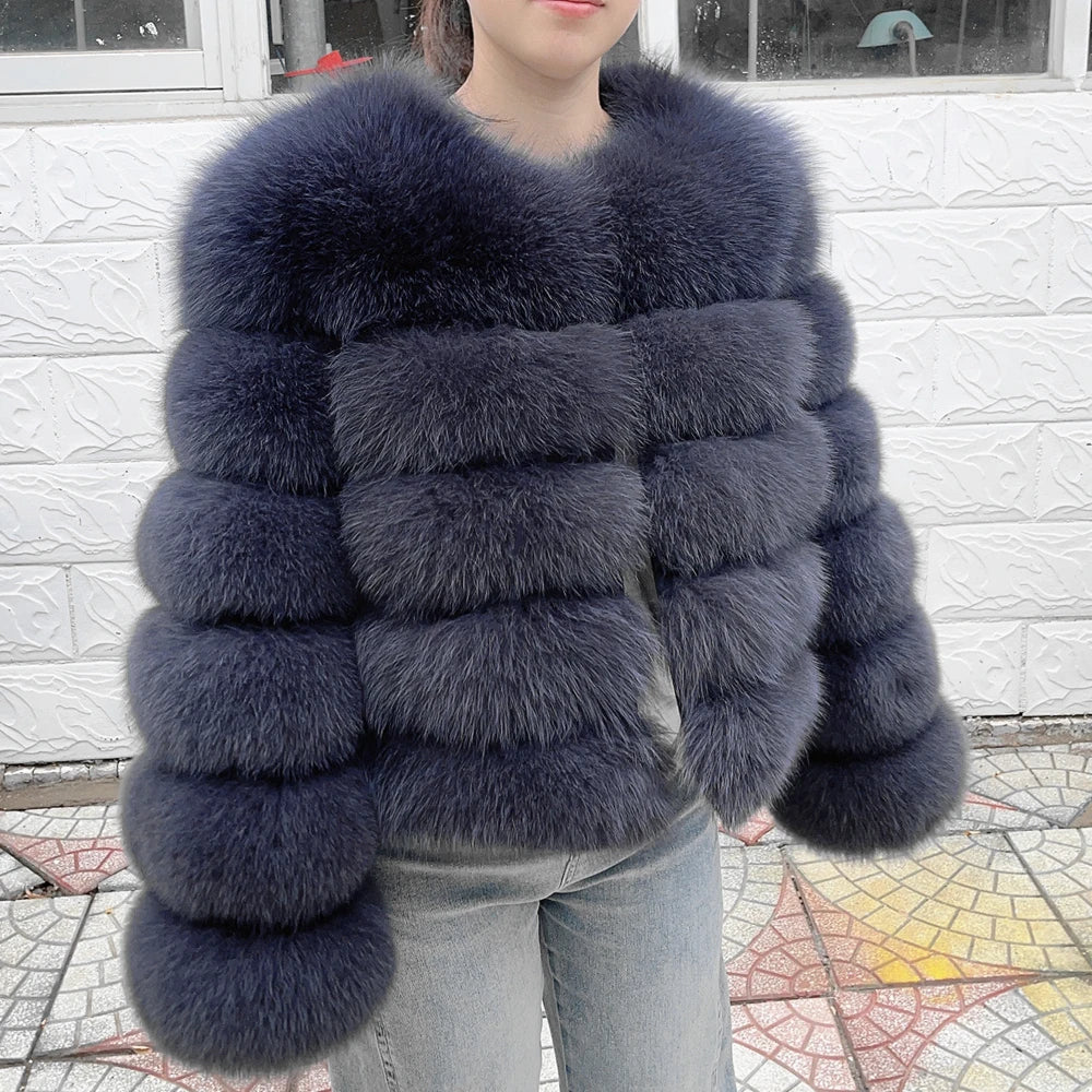 Women Real Fox Fur Winter Coat Brown Leather Jacket