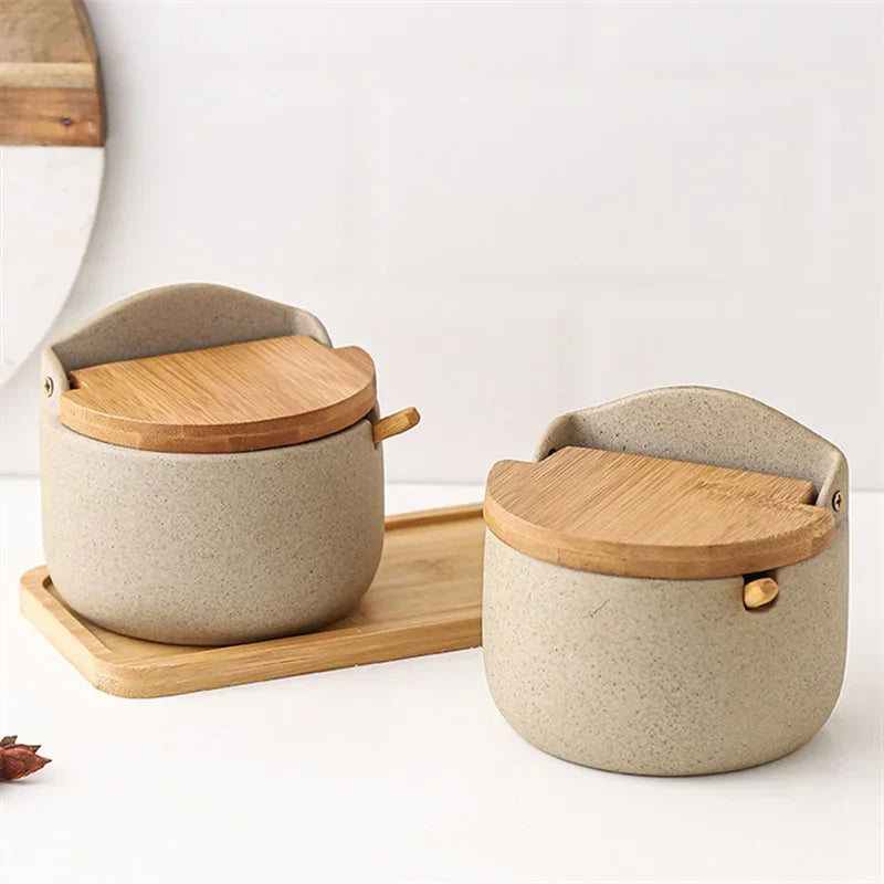 Ceramic Seasoning Jar with Bamboo Lid Spoon Salt Sugar Spice Storage Container
