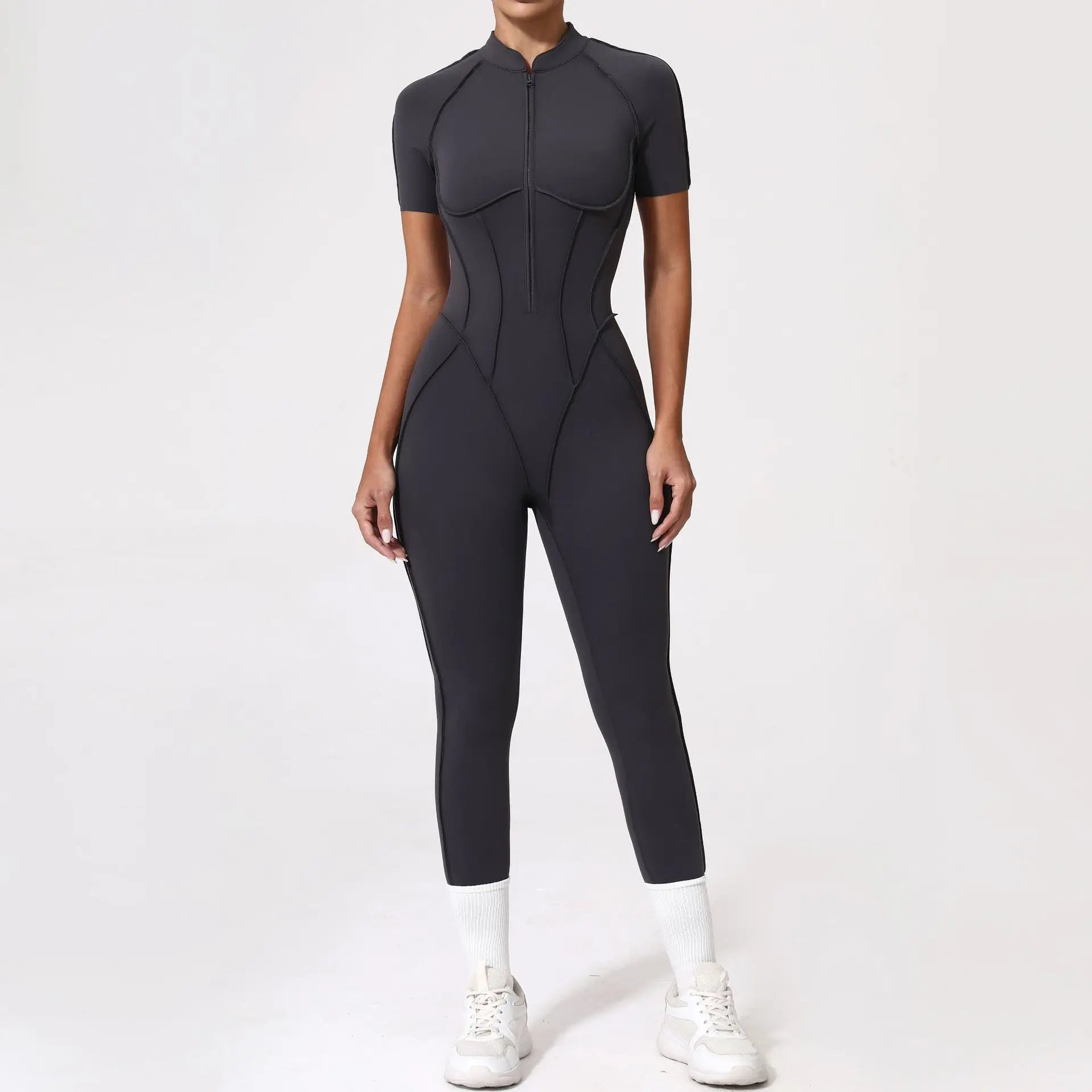Women Zip Gym Jumpsuit Open Back Yoga Fitness Tracksuit Sports Bodysuit