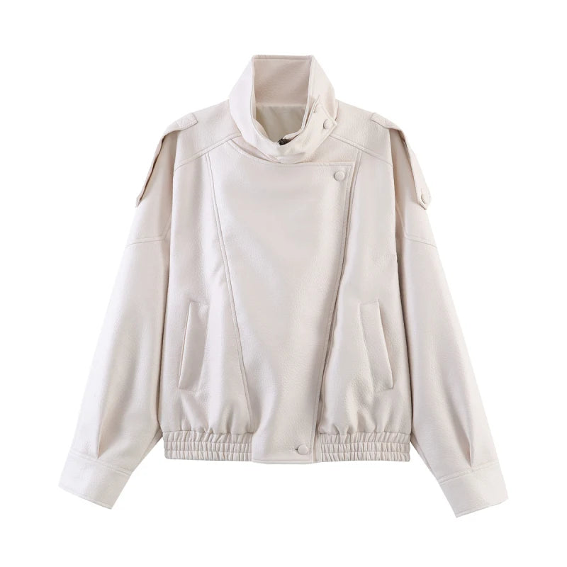 Women Faux Leather Zip Up Jacket Casual Long Sleeve PU Coat Streetwear