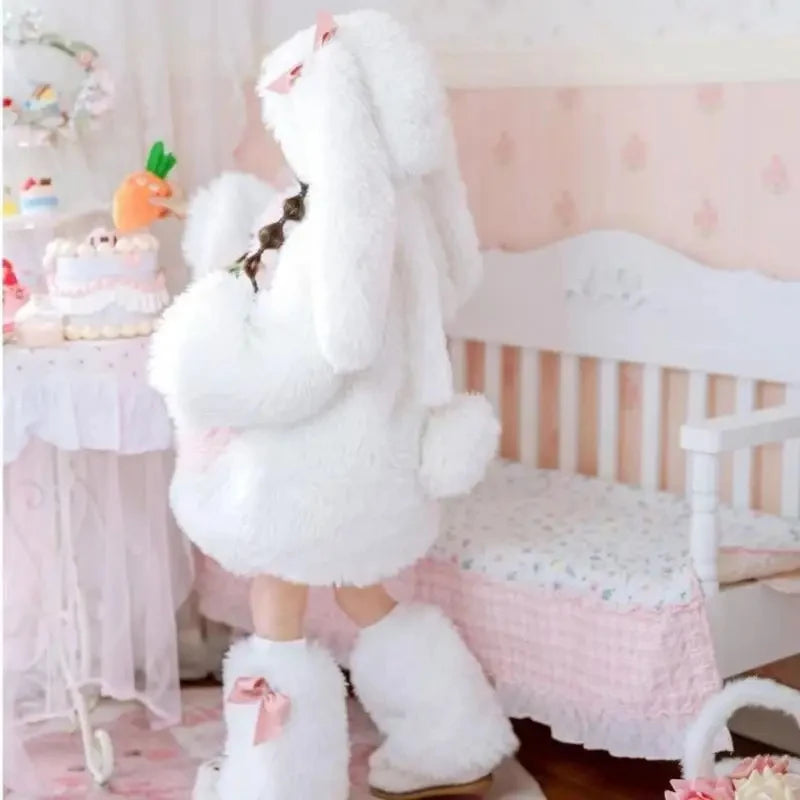 Kids Plush Rabbit Cosplay Costume Winter Warm Top Pants Hat Set