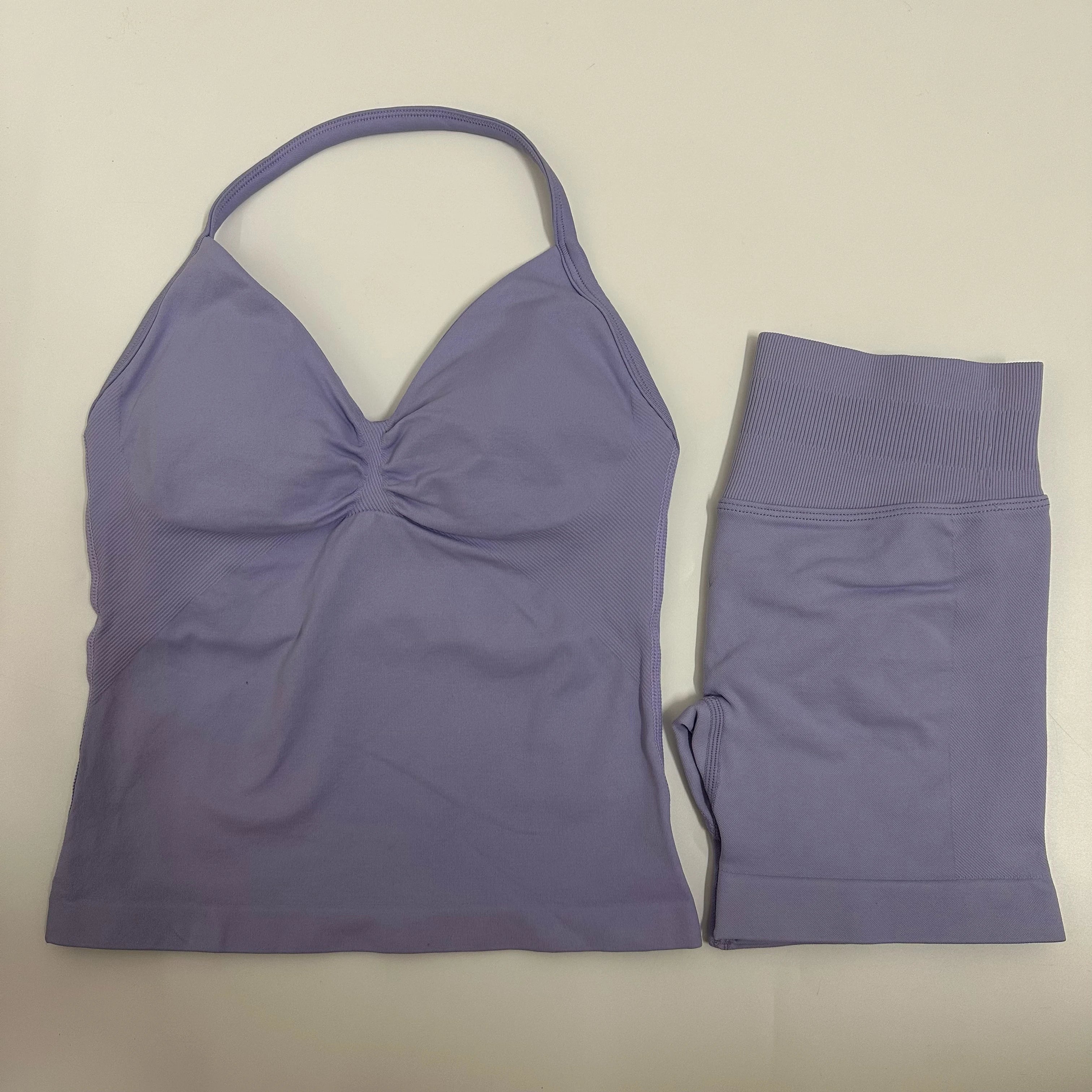 Seamless Yoga Set Women Strappy Tank Top Scrunch Shorts Gym Workout Outfit