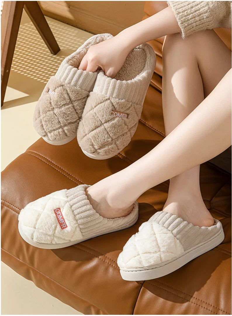 Quilted Plush Slippers Women Cozy Winter Soft Indoor Anti Slip House Shoes