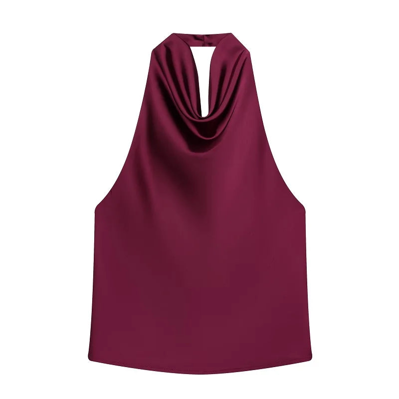 Women Satin Halter Backless Top Summer Beach Camisole Crop Top