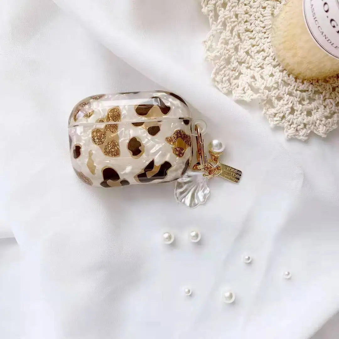 AirPods 1/2/3/Pro Pearl Leopard Case with Charm Luxury Protective Cover Shockproof Sleeve