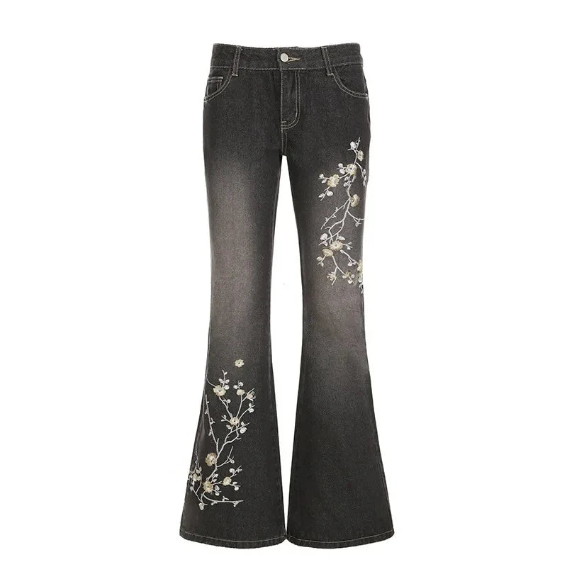 Y2K Floral Embroidery Flared Jeans Low Rise Baggy Denim Pants