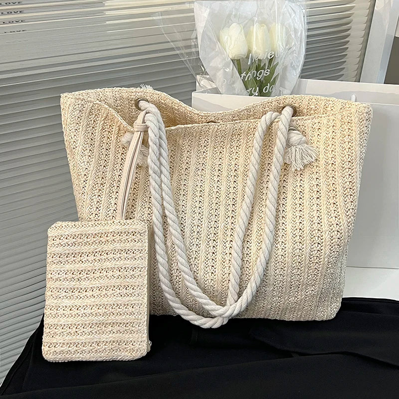 Women Straw Tote Bag Large Capacity Beach Handbag