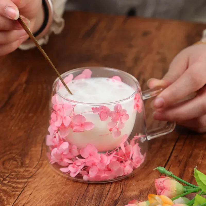 200ml Double Wall Flower Glass Mug with Handle for Coffee and Milk Tea