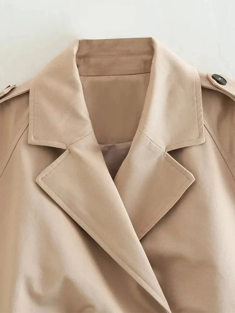 Women Cropped Trench Coat Vintage Double Breasted Belted Spring Jacket