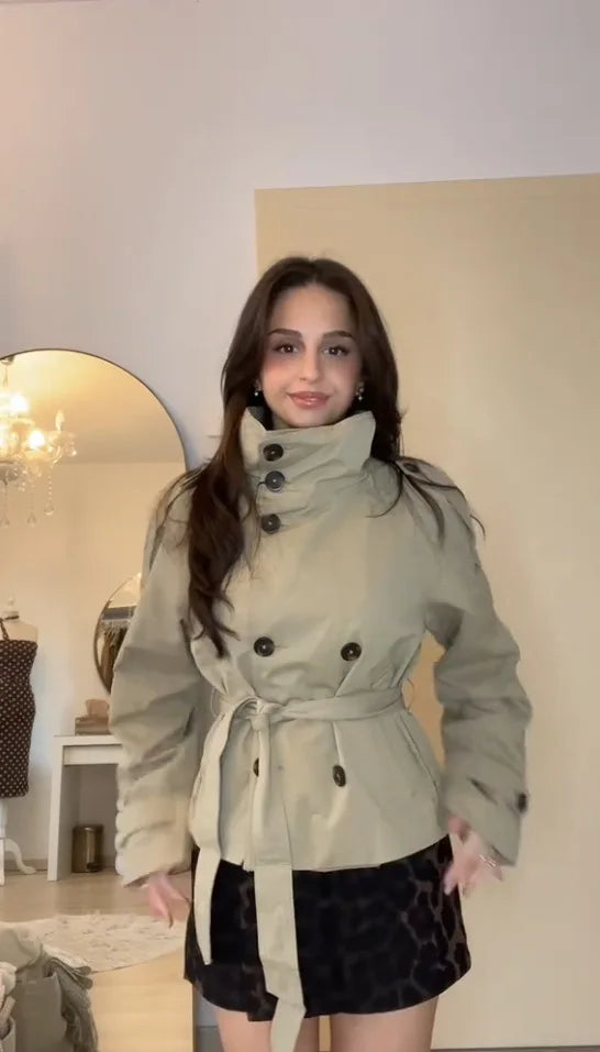 Women Cropped Trench Coat Belted Double Breasted Stand Collar Jacket Vintage Chic Outerwear