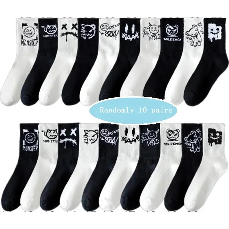 Cotton Harajuku Graffiti Long Socks Black White Anime Hip Hop Funny Fashion Socks 10 Pairs