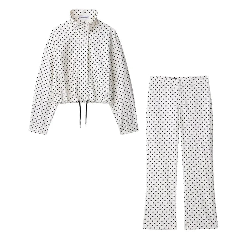 Women Polka Dot Jacket Turtleneck Long Sleeve Casual Coat with Zipper and Pockets