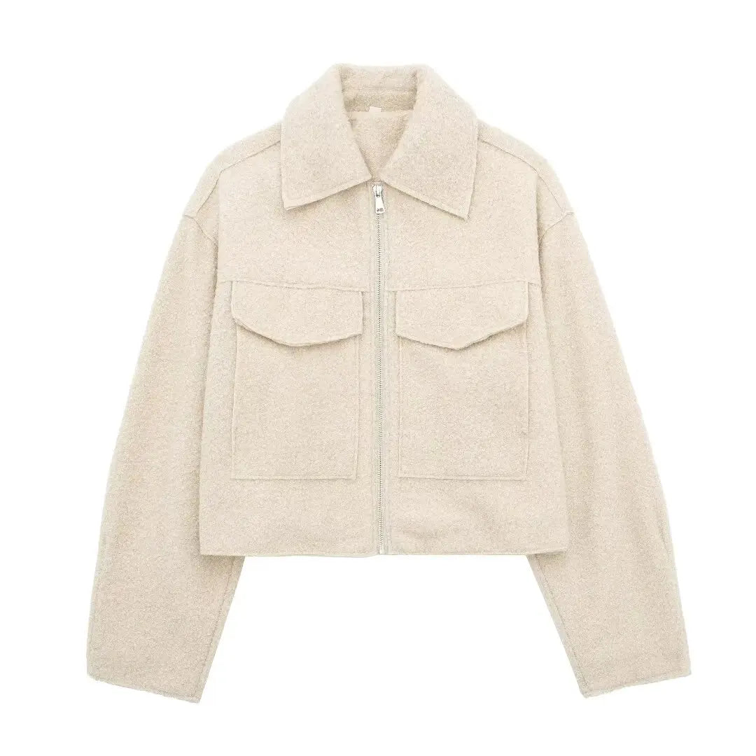 Women Grey Zip Up Jacket Vintage Lapel Long Sleeve Coat with Pockets