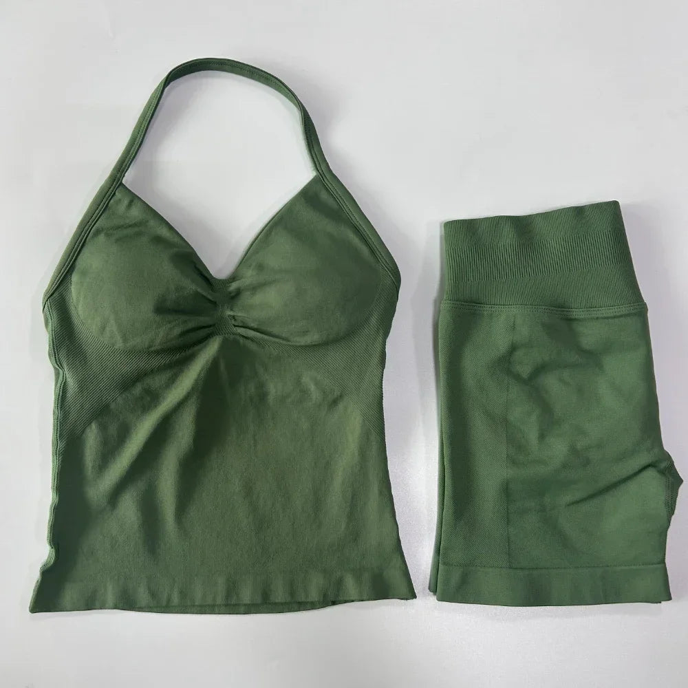 Yoga Set Women Seamless Tank Top High Waist Scrunch Shorts Gym Workout Set