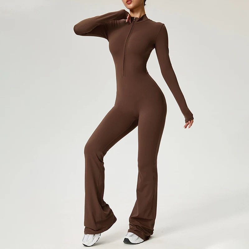 Women Long Sleeve Fitness Jumpsuit Zipper Yoga Bodysuit for Gym Workout