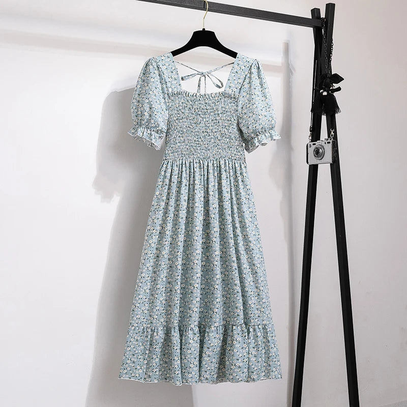 Women’s Chiffon A-Line Dress Short Sleeve Pleated Elastic Waist Casual Summer Dress