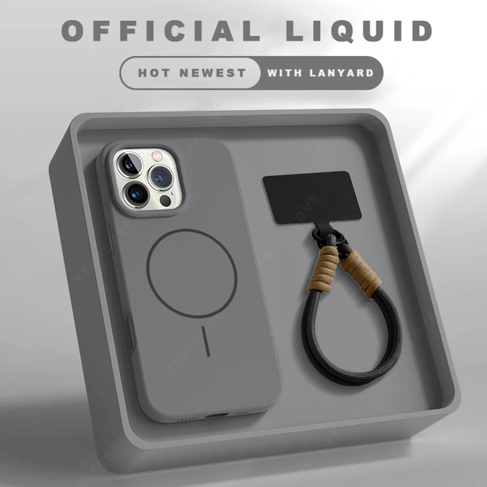 Magnetic Phone Case with Lanyard for iPhone 11–16 Pro Max Silicone MagSafe Strap Shockproof Protective Cover