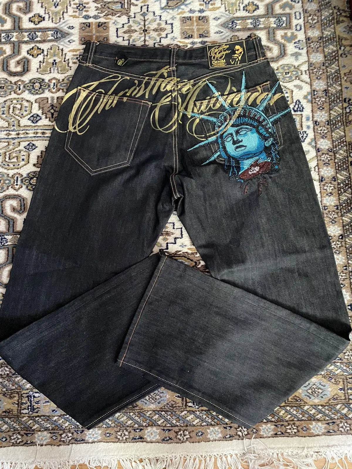 Women Y2K Statue of Liberty Diamond Print High Waist Wide Leg Jeans Vintage Denim Pants