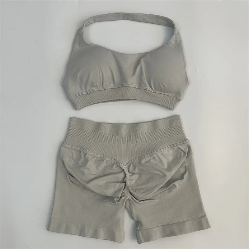 Seamless Yoga Set Halter Sports Bra Scrunch Shorts Gym Workout Fitness Set