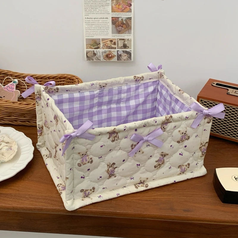 Lace Flower Quilted Square Storage Basket Desktop Organizer Home Decor Basket