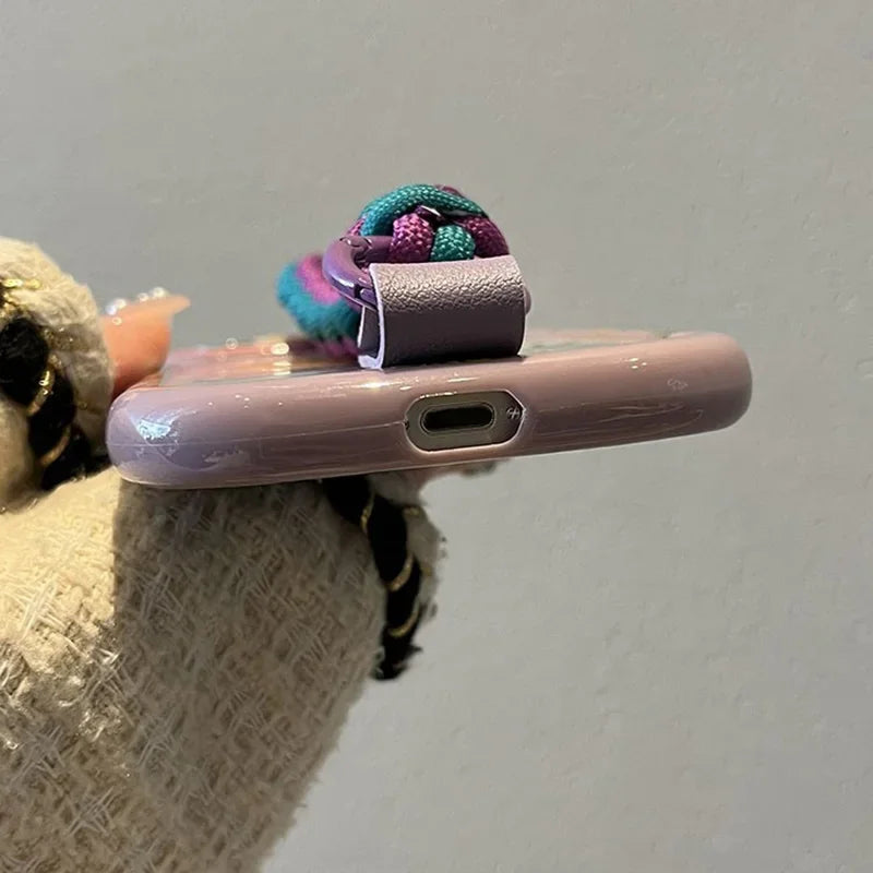Cute Heart Wrist Chain Phone Case for iPhone with Lanyard Strap Protective Cover