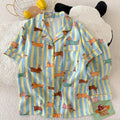 Women Kawaii Dog Print Pajama Set Y2K Lapel Neck Cute Homewear Summer