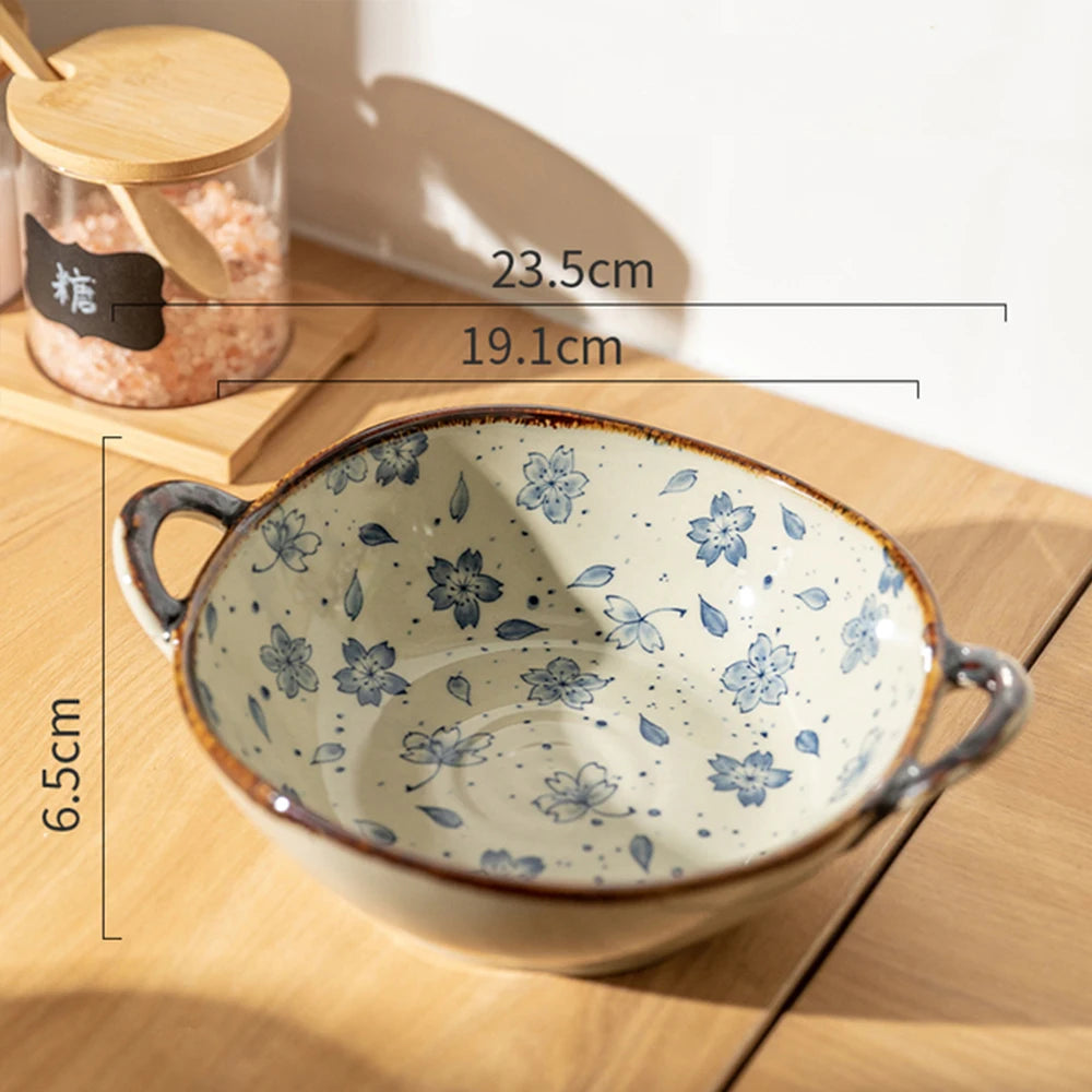 Ceramic Noodle Bowl 7.5 Inch Handle Soup Salad Pasta Microwave Safe Tableware