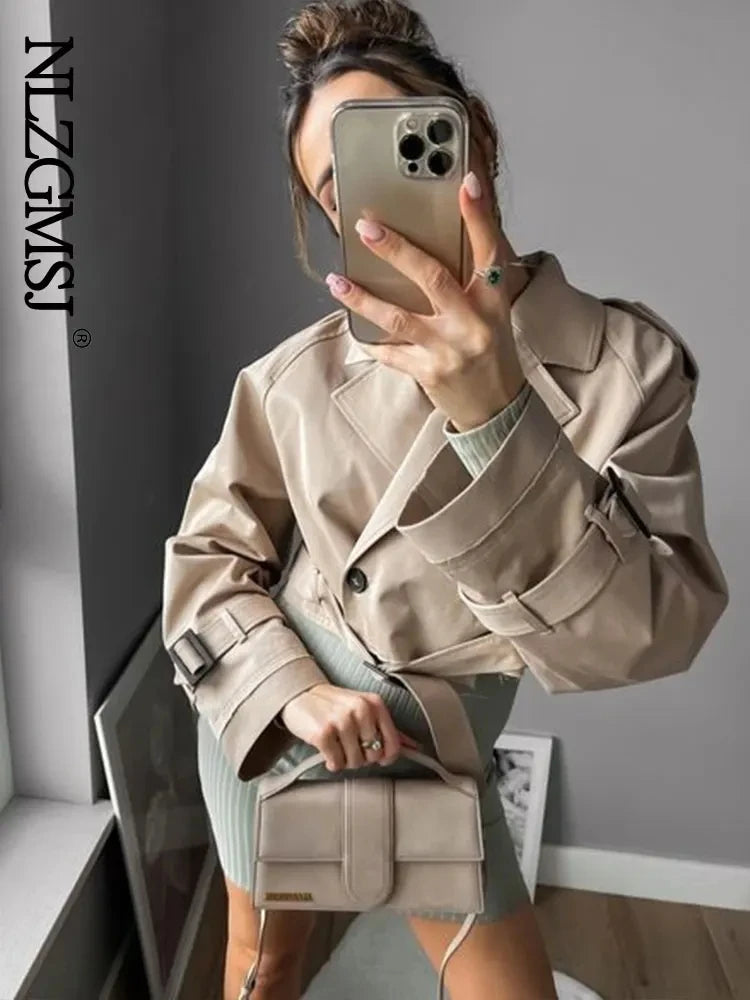 Women Cropped Trench Coat Vintage Double Breasted Belted Spring Jacket