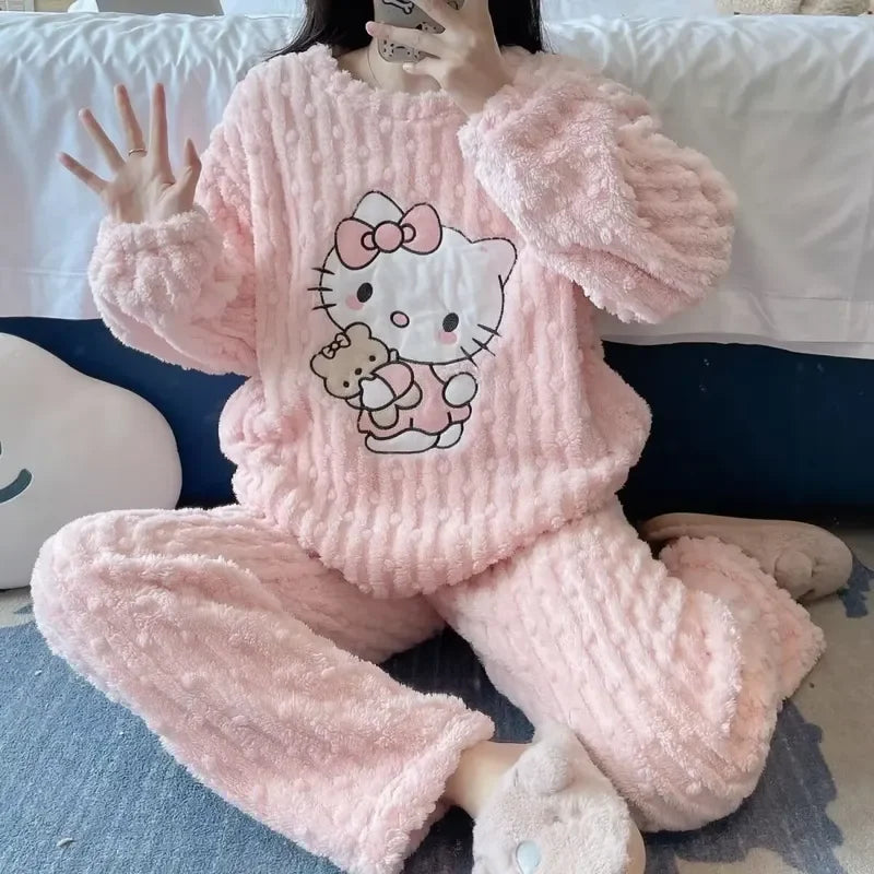 Women’s Cute Cat Cartoon Coral Velvet Pajama Pants Warm Winter Flannel Loungewear