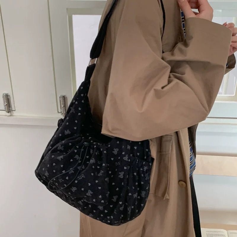 Nylon Shoulder Bag Plaid Tote Crossbody Drawstring Cloud Commuter Bag