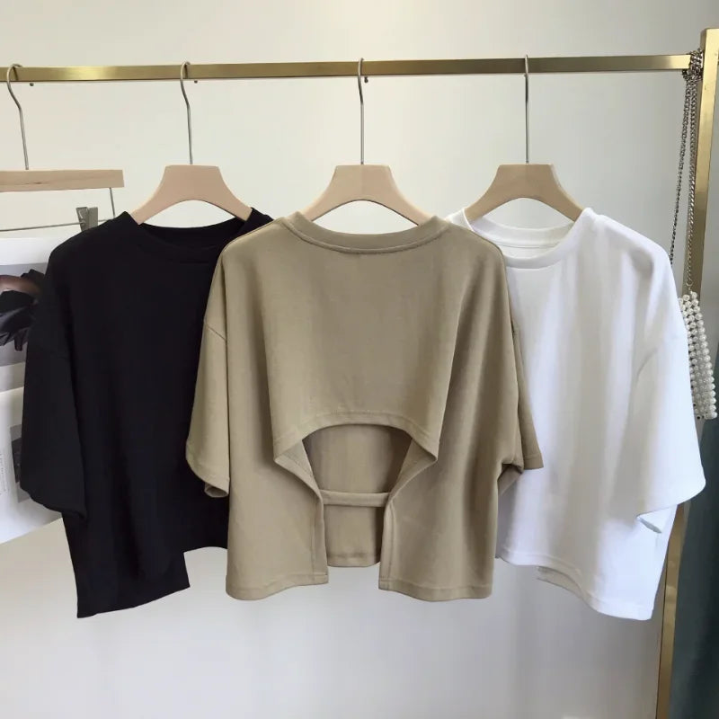 Women Backless Crop Top Short Sleeve Loose Casual Summer T Shirt