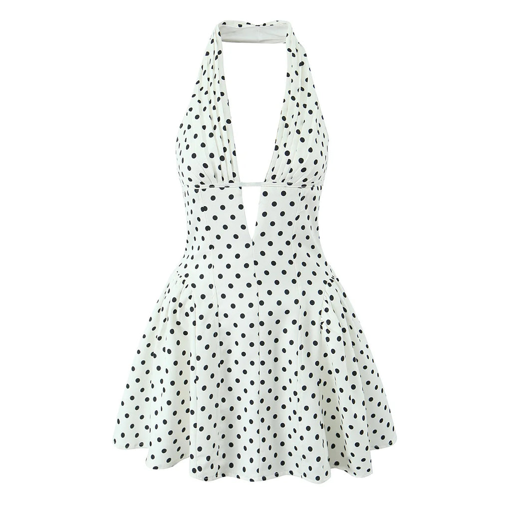 Women Polka Dot Halter Mini Dress Deep V Backless A-Line Summer Dress