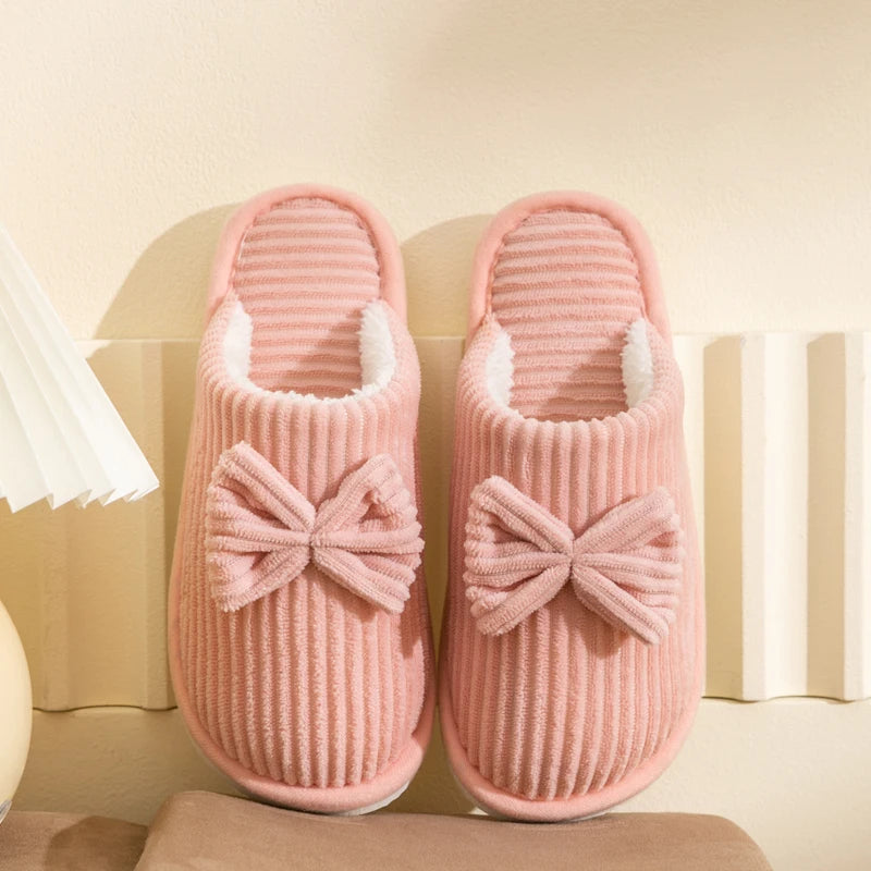 Cute Bow Slippers Women Cozy Plush Indoor Home Shoes Soft Warm Winter Slides