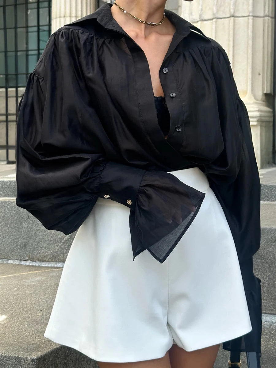 Women Loose Fit Collared Shirt Flare Sleeve Long Sleeve Office Casual Top Solid Color