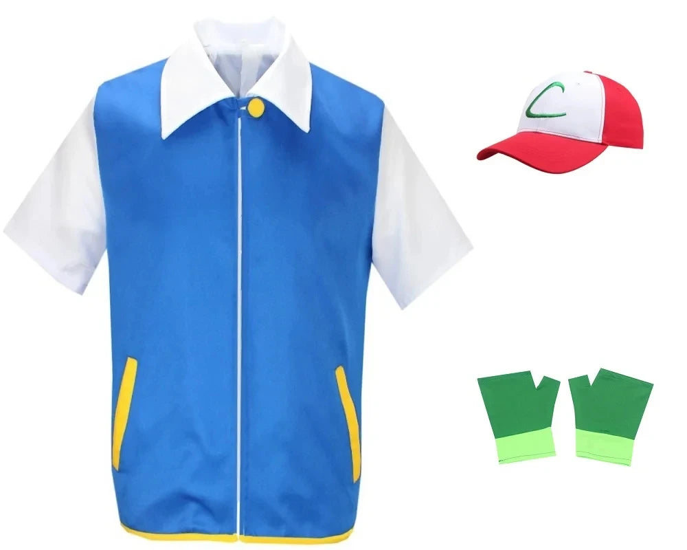 Men Boys Anime Trainer Cosplay Costume Blue Jacket Cap Gloves Set