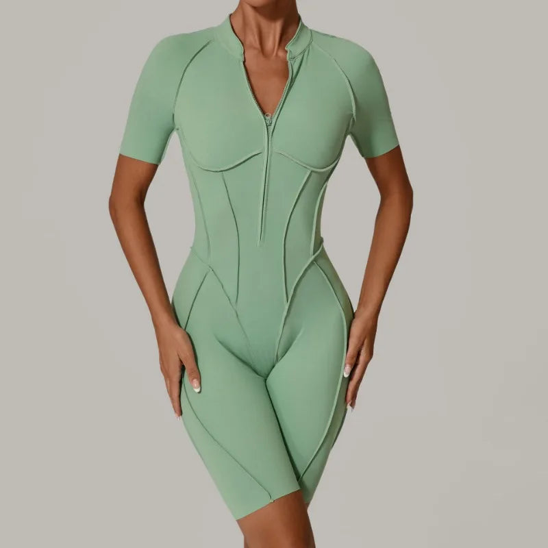 Women Zip Gym Jumpsuit Open Back Yoga Fitness Tracksuit Sports Bodysuit