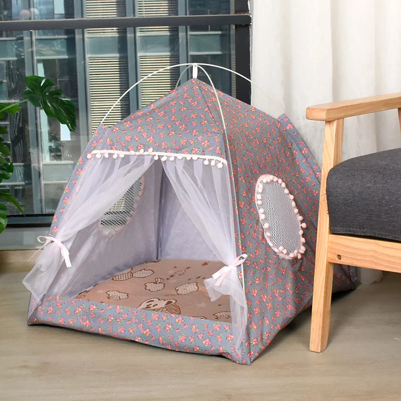 Floral Cat Tent Bed Semi Enclosed Pet Nest