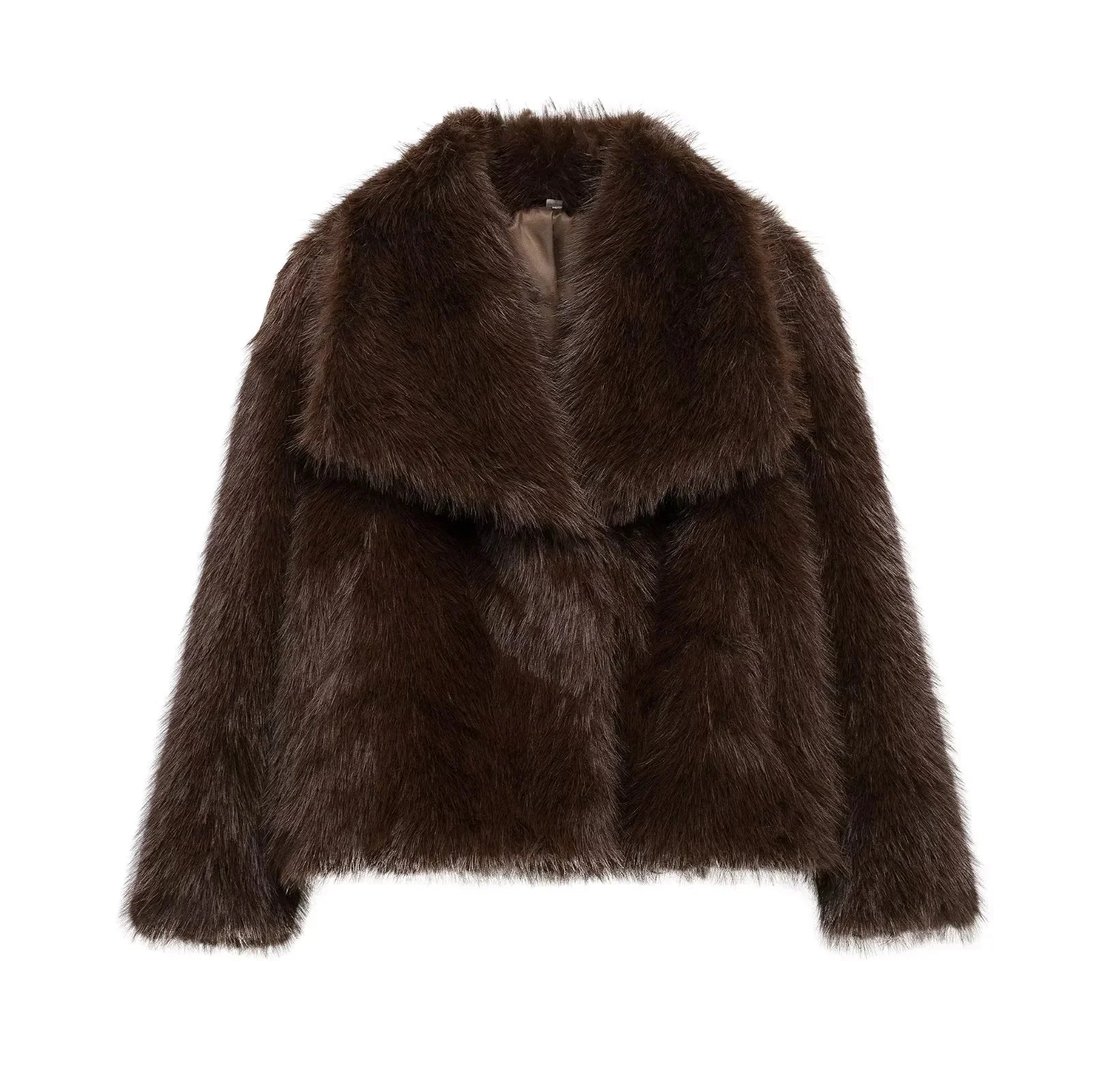 Women Brown Faux Fur Jacket Oversized Turn Down Collar Elegant Spring Summer Coat
