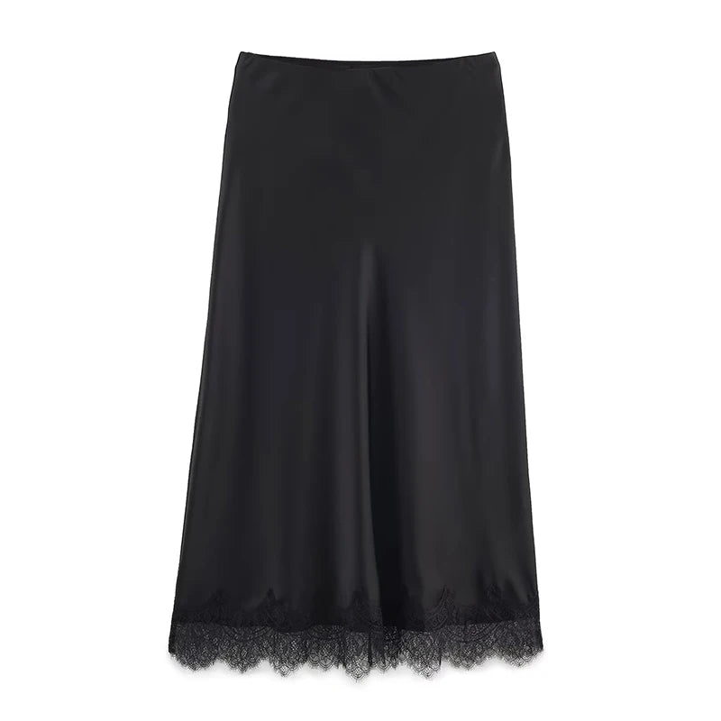 Women Lace Detail Pleated A Line Midi Skirt High Waist Elegant Skirt