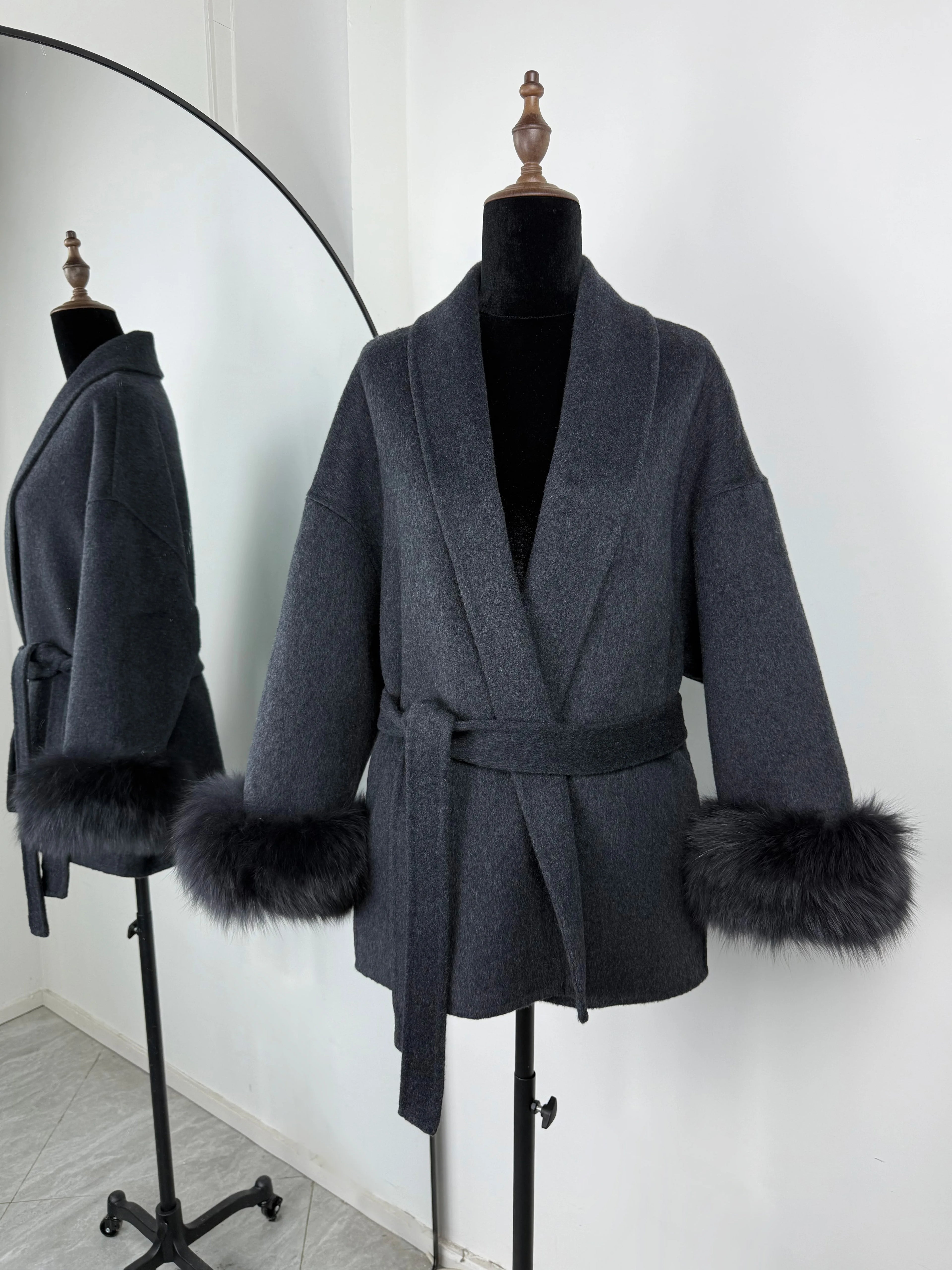 Women Wool Coat Faux Fur Collar Short Double Sided Elegant Jacket