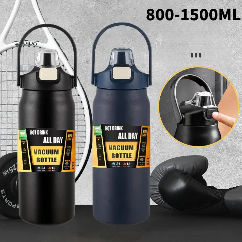 Stainless Steel Vacuum Insulated Water Bottle 800ml 1000ml 1500ml Leakproof Thermal Flask with Straw