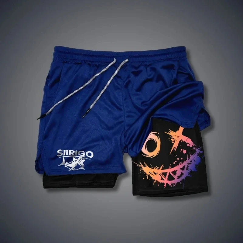 Men 2-in-1 Smiley Print Running Shorts Quick Dry Double Layer Fitness Training Sports Shorts