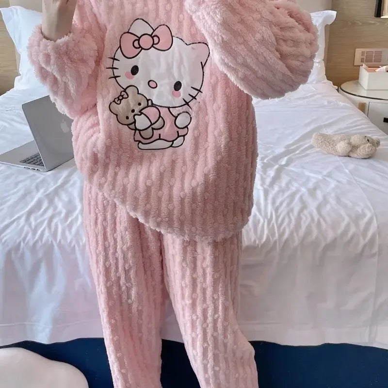 Women’s Cute Cat Cartoon Coral Velvet Pajama Pants Warm Winter Flannel Loungewear