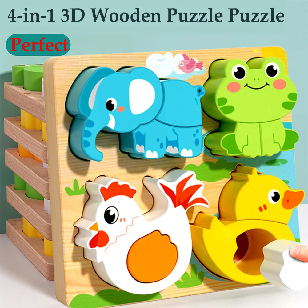 4 in 1 Wooden Animal Puzzle Educational Toy for Kids