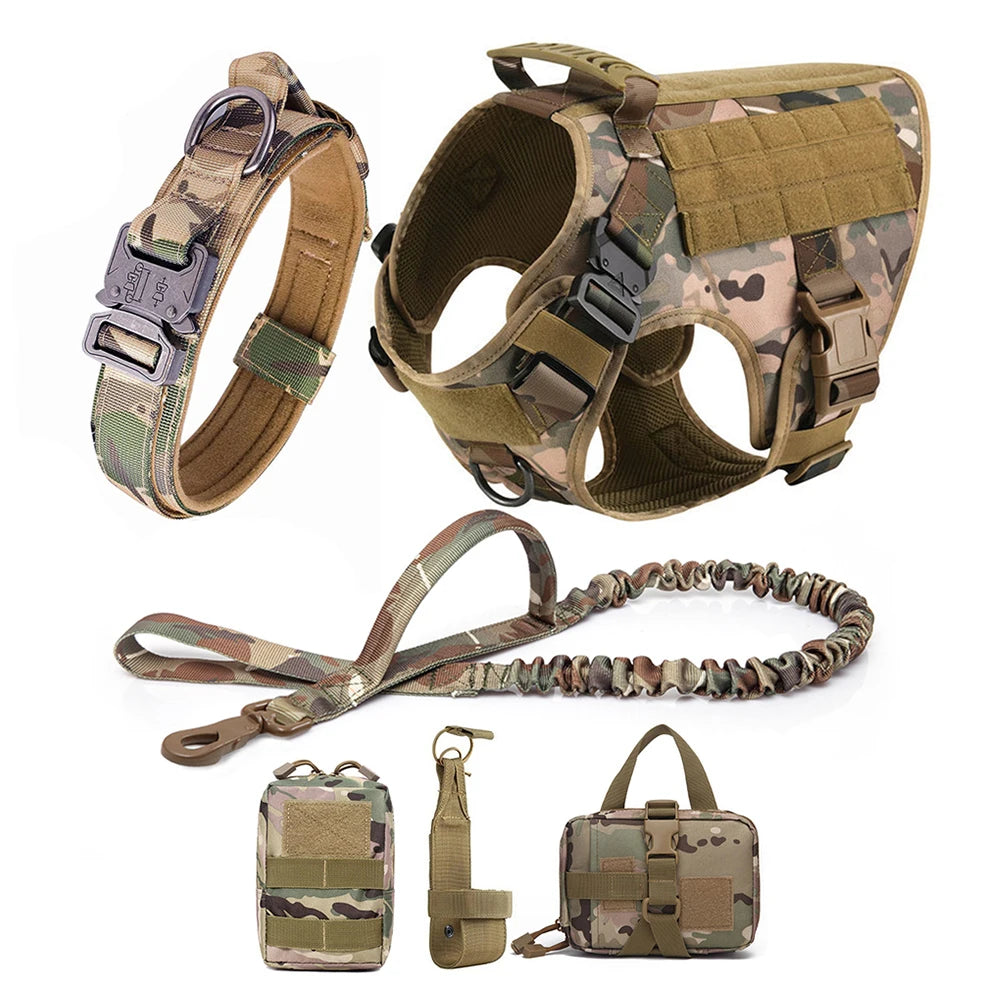 Large Dog Harness Collar Leash Set with Molle Pouches for Training Walking